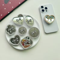 リボン付鏡スマホグリップ キラキラ 綺麗 粘着タイプ ジュエリーデコ 便利 おしゃれ 可愛い ギフトに最適[M5409]