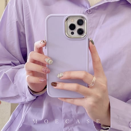 韓国風シンプル iPhone14/15ケース 銀色レンズ枠アイフォン13/12/11カバー 6色お揃い 使いやすい [M2797]