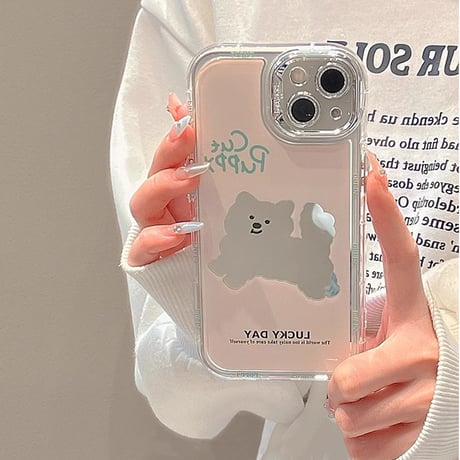 犬ちゃん鏡 iPhone15/15proケース ピンク iPhone14/13pro/12カバー かわいい 女子力アップ[M4235]