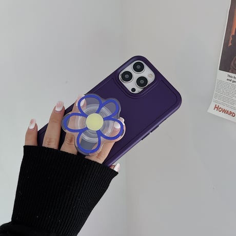 ディープパープル iphone14/14proケース 花グリップ付 アイフォン13pro/12promaxカバー  可愛い 頑丈 実用[M2329]