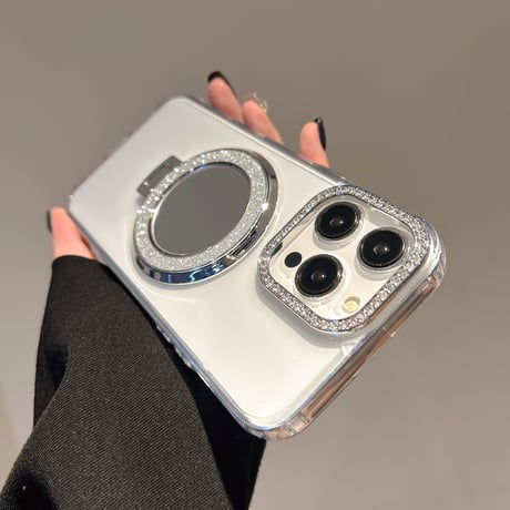 ミラーリングスタンド アイフォン16/16proケース ジュエリー iPhone15pro/14/13proカバー オシャレストラップ 高透明 [M5506]