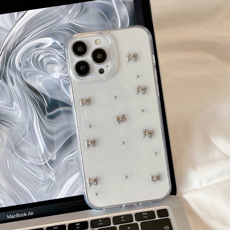ガールズに人気 iphone15/15proケース  立体リボン ラメ入り iphone14/13pro/12/11カバー  可愛い 綺麗チャーム付き[M4485]