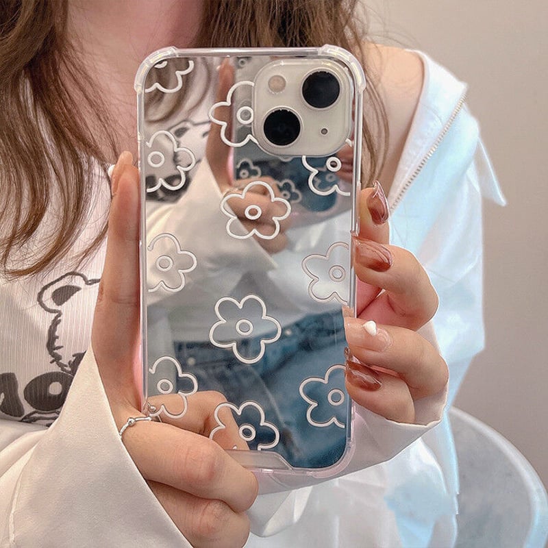 花柄マグセーフ対応ミラーiPhone15promaxケース iPhone 15 Pro 用天然石が輝く花柄のファッショナブルなケース