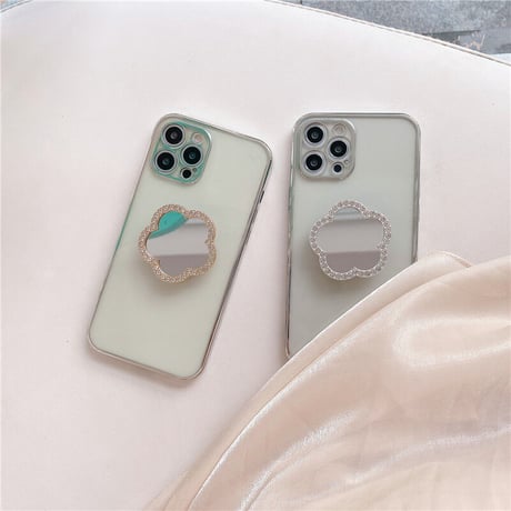 ミラーポップソケット付 iphone12/11ケース  スタンド 透明iphoneXS/SE2カバー  軽量持ちやすい ツヤ感ありファッションM418