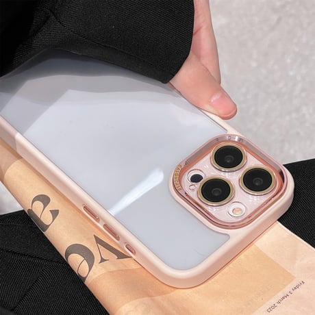黄ばまない iPhone15/16proケース ガラスレンズフィルム付き iPhone14Pro/13proケース  シンプル高級感 金属ボタン [M3775]