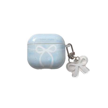 ホワイトリボン柄 AirPodsPro3ケース 韓国っぽ Airpods4/3ケース  AirpodsPro2/Pro1カバー  リボンキーホルダー 可愛い[M5971]