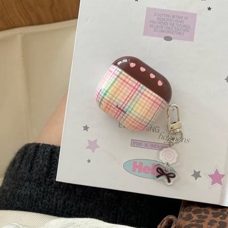 ハート柄/チェック柄 Airpods 4ケース ガーリーファッション Airpods3/2カバー Airpodspro2/pro リング/リボンキーチェーン かわいい[M4838]