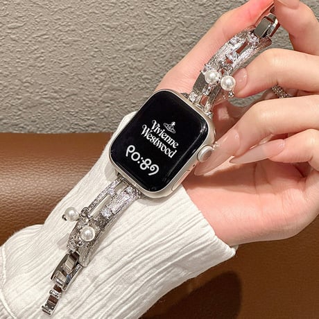 高品質ブレスレット風 アップルウォッチバンド パールデコ 透かし彫り AppleWatchブレスレット Series11/10/9/8 SE3/2 40/41/42mm 高品質上品 [M6281]
