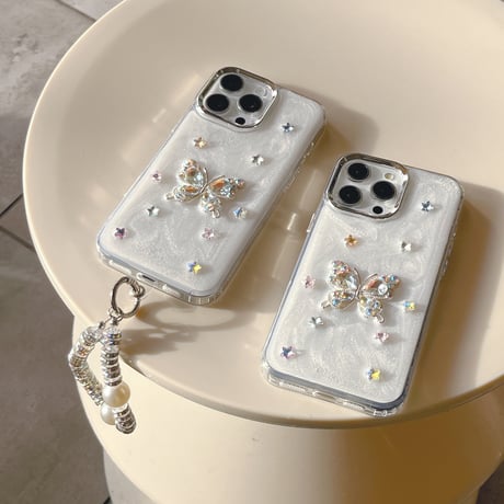 ダイヤ蝶 iPhone16pro/16plusケース パールストラップ iPhone15pro/14/13promaxケース 豪華 おしゃれ ギフトにおすすめ [M4992]