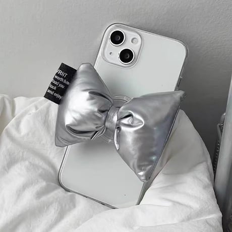 銀色リボングリップ iPhone15/14proケース クリア iPhone13mini/12/11pro/SE3カバー 韓国風 可愛い ギフトにおすすめ [M3243]