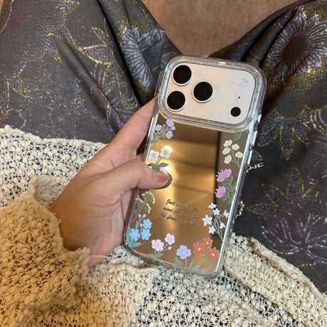 花柄ミラー iPhone17pro/17カバー リボンキーホルダー iPhone16/15proケース 可愛い 女子力高い[M6157