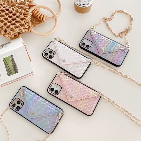 カード入れ付 iPhone13/13proケース  首掛けチェーン付 アイフォン12 /11カバー  グラデーションカラーM999