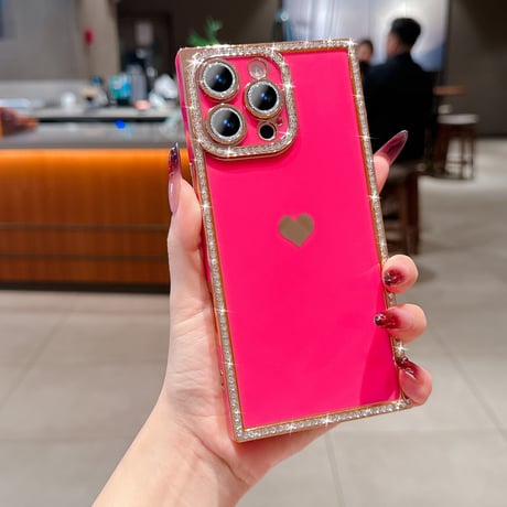 スクエア ダイヤ iPhone16Pro/16ケース ハート柄 iPhone15pro/14/13Proカバー 四角 レンズカバー付[M5321]