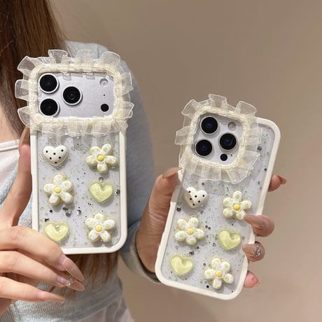 レース iPhone17/17Proケース 花/ハートデコ キラキラ感 iPhone16Pro/15/14ProMaxカバー 可愛い 女子ファッション [M6200]