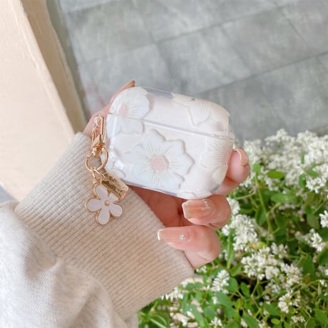 春夏 Airpods4ケース 白花柄  Airpods3/Pro2ケース airpodspro2カバー  花キーチェーン付 女子力高い 淡色系[M5204]