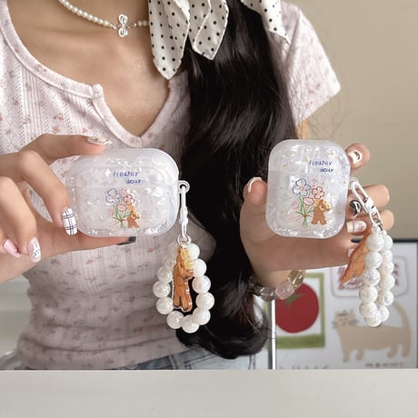 可愛いクマちゃん Airpods4ケース シェル柄 airpods3/2ケース AirpodsPro2/1カバー バックチャーム付き ギフトにおすすめ[M5420]