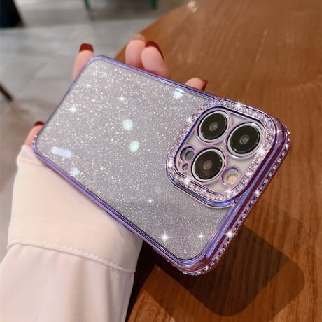 キラキラ紫色 iphone14pro/14promaxケース ラメ入りシール付  アイフォン13/12/11カバー ジュエリー枠  艶あり  オシャレ  人気[M2265]
