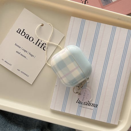 淡色系 Airpods4ケース チェック柄 韓国風 Airpods3/Pro2ケース airpodspro2カバー  キーチェーン付 ギフトにおすすめ[M5374]