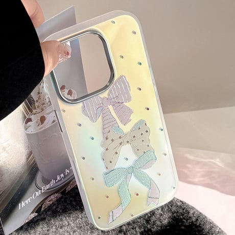 リボン柄 光るiPhone16pro/17ケース ダイヤデコ iPhone15pro/14/13カバー シック 可愛い [M5599]