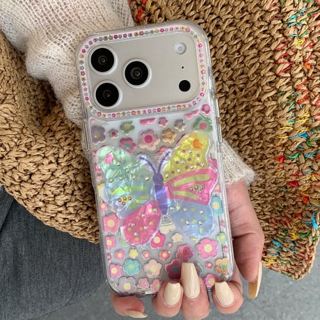蝶グリップ iPhone17pro/17ケース 花柄 iPhone16/15promax/14ケース かわいい 多機能便利[M6205]