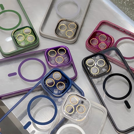 黄ばまないMagSafe iPhone15pro/15promaxケース ガラスレンズフィルム付 iPhone14Pro/13proケース  シンプル高級感 金属ボタン [M3824]