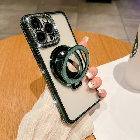 鏡MagSageリングスタンド iPhone15pro/15promaxケース ジュエリーキラキラiphone14/13/12proケース クリア コスパ最強[M4075]