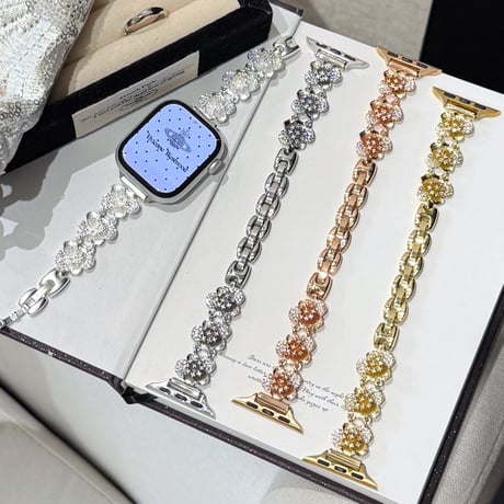 ダイヤ花  AppleWatchバンド キラキラ感たっぷり AppleWatchベルト Series 11/10/9/8 SE3/2  Ultra3/2/1 メタルリック 上品[M6467]