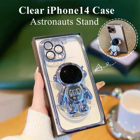 宇宙飛行士スタンド iphone14plus/14promaxケース  メッキ クリアアイフォン13/12/11proカバー カッコイイ 可愛い 実用[M2235]
