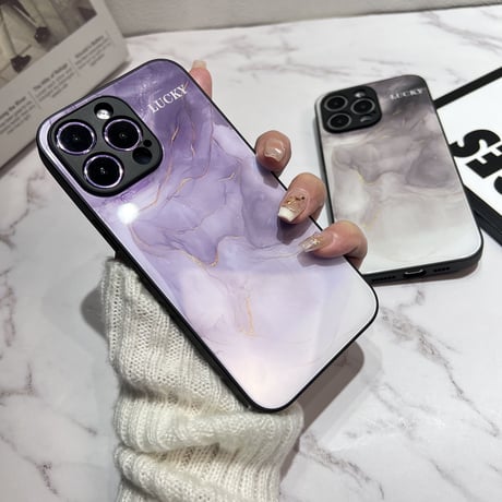 暈し染め ガラスiPhone14/15ケース  水墨画 金箔入り アイフォン13/12mini/11カバー キラキラ 全面保護 オシャレ シック[M2722]