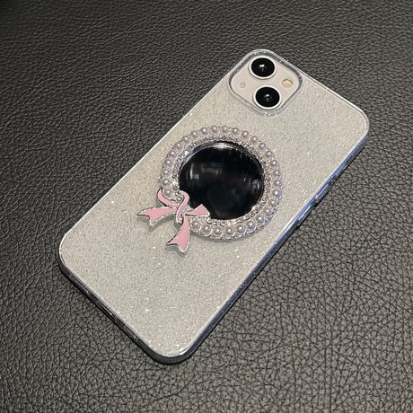 パール鏡付 iPhone15pro/15promaxケース キラキララメ入り iPhone14pro/13promaxケース 黄ばまない 可愛い [M4264]