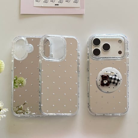 水玉模様ミラー iPhone17pro/17ケース 熊グリップ iPhone16/15promax/14ケース かわいい 多機能便利[M6352]