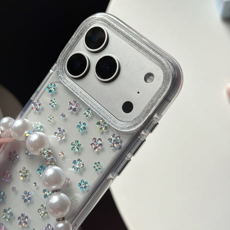 キラキラ花 iPhone17pro/17ケース ラメ入り iPhone16/15proケース 可愛いパールストラップ 女子力高い[M6160]