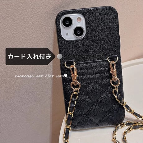 交通カードポケット付 iphone15/14proケース キルティングレザー アイフォン13pro/12カバー 肩掛けストラップ付 高級感 人気デザイン[M3395]