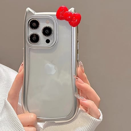 猫の耳 リボン付 iPhone15pro/15ケース メッキ iphone14pro/13promax/12カバー 可愛い 黄ばまない[M4379]