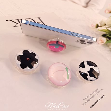 クリスタル スマホグリップスタンド イチゴ/ピーチ/黒花/牛柄 かわいい 粘着タイプ キラキラ 全機種対応 オシャレ トレンド[M3107]