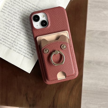 リングカード入れ付 iPhone16/16Proケース 熊 レザー アイフォン15pro/13mini/12/14カバー レザー 高品質 超便利[M4639]