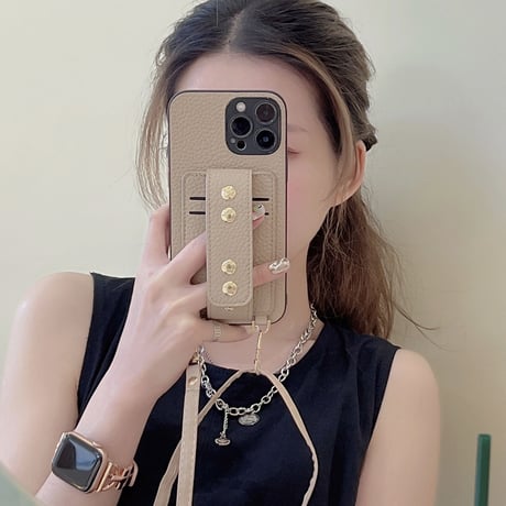 icカード入れ2個 iphone14/14proケース リベットベルト レザー 紐付き アイフォン13/12/11カバー 高級感 スタンド付 [M2210]