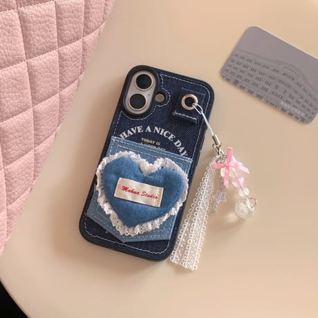 カート収納 iPhone16/16Proケース デニム レースハート iPhone15Promax/14/13カバー ストラップ付 耐衝撃 女子力高い[M4812]