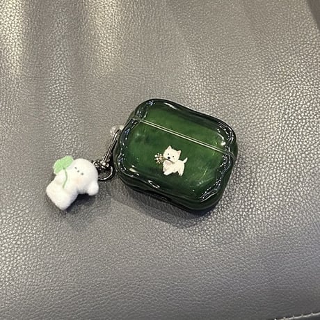 遊ぶ犬ちゃん AirpodsPro3ケース グリーン Airpods4/3カバー pro2/pro1 可愛い リング/キーホルダー付 うねうね 落下防止[M5984]