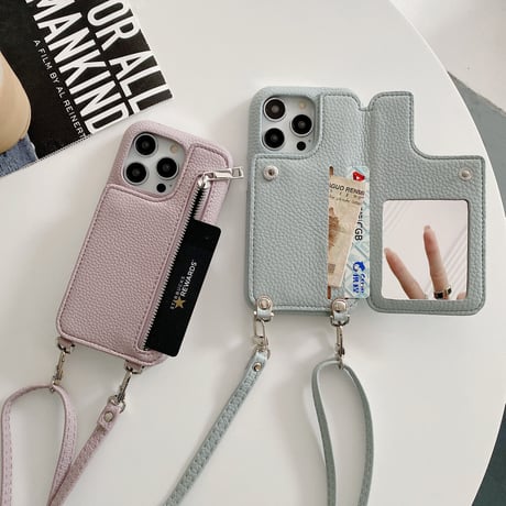 小銭/カード入れ iPhone15/14proカバー 鏡/ストラップ付アイフォン13/12/11proケース レザー 高品質 ガールズに人気 プレゼントおすすめ[M3151]