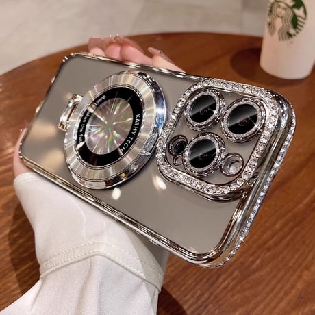 ストーン MagSafeスタンド iPhone15Pro/15ProMaxケース  キラキラ高級感  iPhone14/13Proカバー インナーシート付き[M3694]