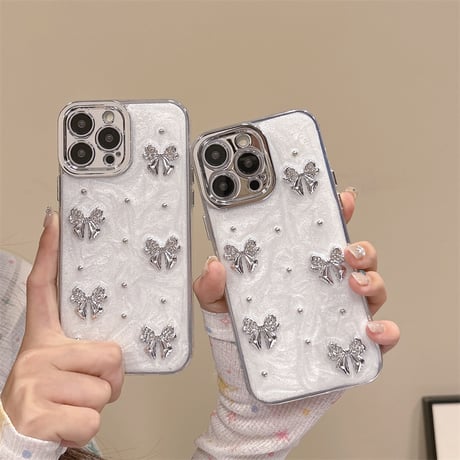 リボン iPhone15/15pro/15plusカバー ホワイト iPhone14/13pro/12ケース お洒落 可愛い[M4551]