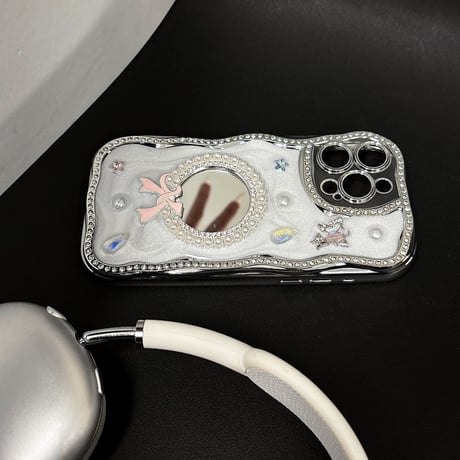 可愛い鏡付 iPhone16pro/16ケース パール/ジュエリー iPhone15/14pro/13promax/12カバー うねうね おしゃれ[M5271]