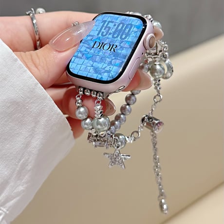 パール AppleWatch Serise 10バンド 高級感 女子力高いアップルウォッチ Ultra2/1/SE/Series9/8/7/6/5/4/3/2/1 きれい 存在感抜群[M5184]