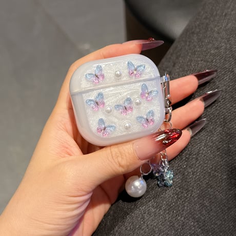 かわいい蝶々 Airpods 4ケース パールキーホルダー付 かわいい Airpods3/Pro2ケース airpodsproカバー 頑丈 ガーリーファッション[M5272]