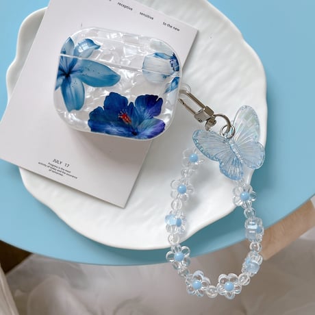 シェル風花柄 Airpods Pro3ケース 蝶ストラップ Airpods 4/3カバーケース AirpodsPro2/1  おしゃれ高級感 [M6369]