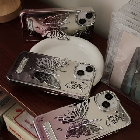 鏡 蝶スタンド iPhone15Pro/15ケース   高級感 アイフォン14/13proカバー 黄ばまない オシャレ 女子力アップ [M3725]