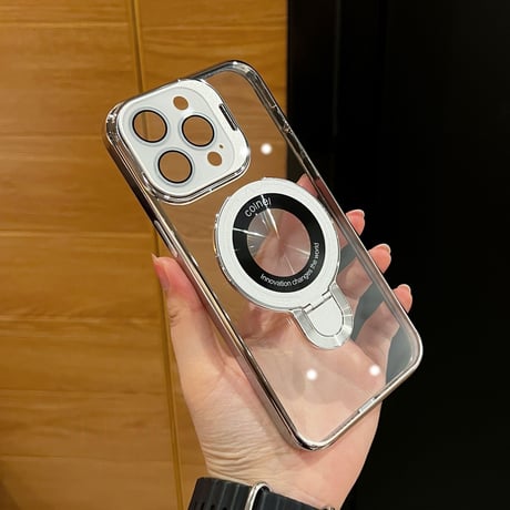 ダブルスタンド付 iPhone17pro/17promaxケース カメラカバー アイフォン17/16pro/15カバー MagSafe対応 高透明 メッキ[M5841]