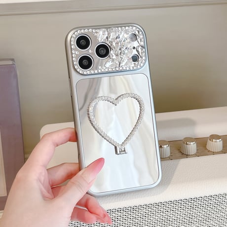 ハート型ミラーリングスタンド iPhone17Pro/17ケース ダイヤデコ iPhone16Pro/15/14ケース キラキラ感 可愛い 美しい[M6267]