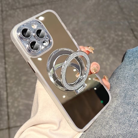 ミラー iPhone17Pro/17ケース 鏡スタンドリング付 iPhone17ProMax/16Pro/15カバー  キラキラカメラカバー付 艶感 オシャレ [M5934]